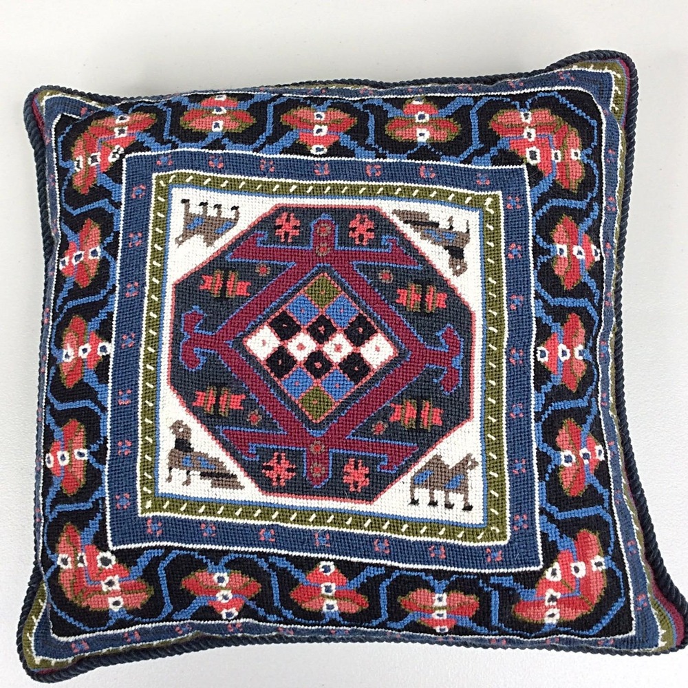Vintage Needlepoint Hand Made Kilim Turkish Style Decor Pillow 15" Square